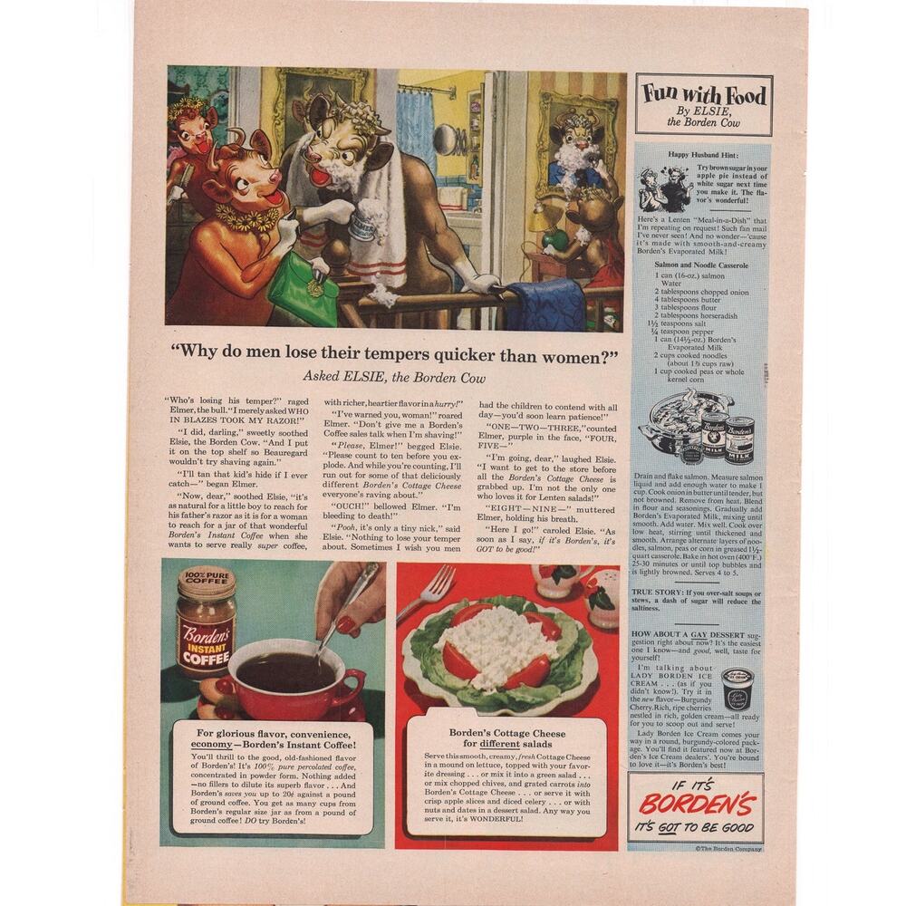 Bordens Dairy Advertisement 1950s Recipe Cut Outs Elsie Cow Elmer Cow Vintage
